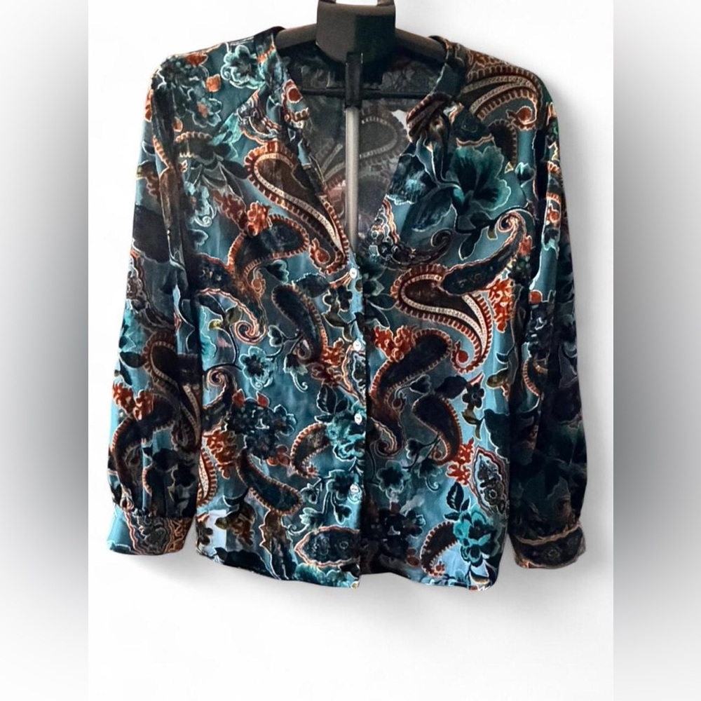 Vintage Ariella Teal and Rust Paisley Velvet Button-Up Blouse
